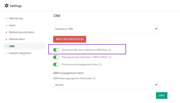 CRM Integration Settings - Automatic Sync