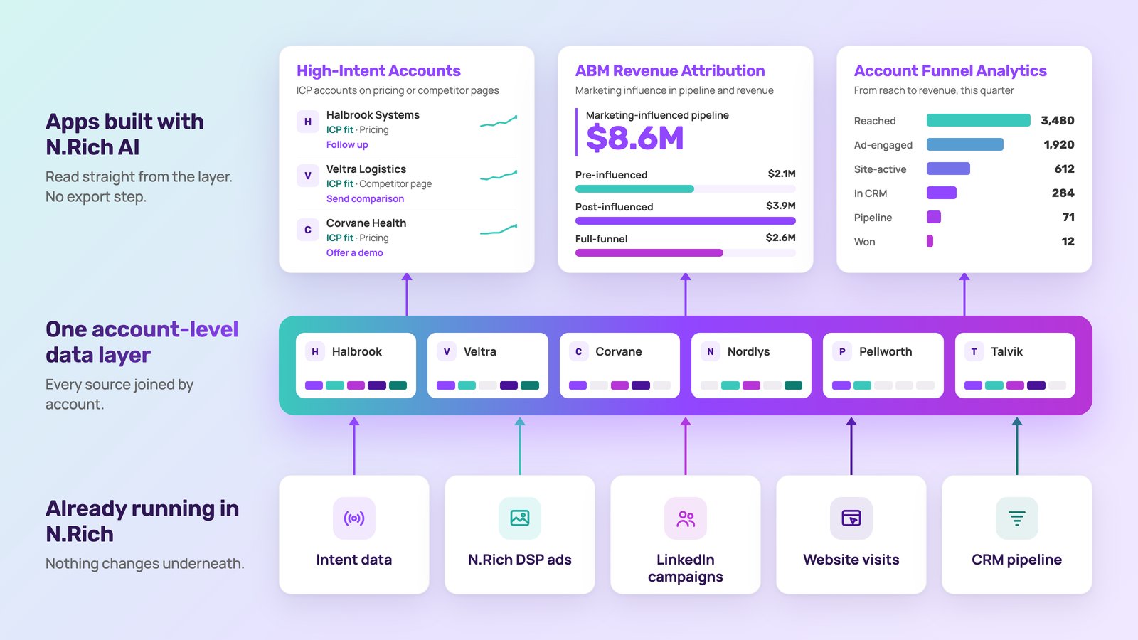 Diagram: intent data, N.Rich DSP ads, LinkedIn campaigns, website visits and CRM pipeline feed one account-level data layer, which apps built with N.Rich AI read directly with no export step